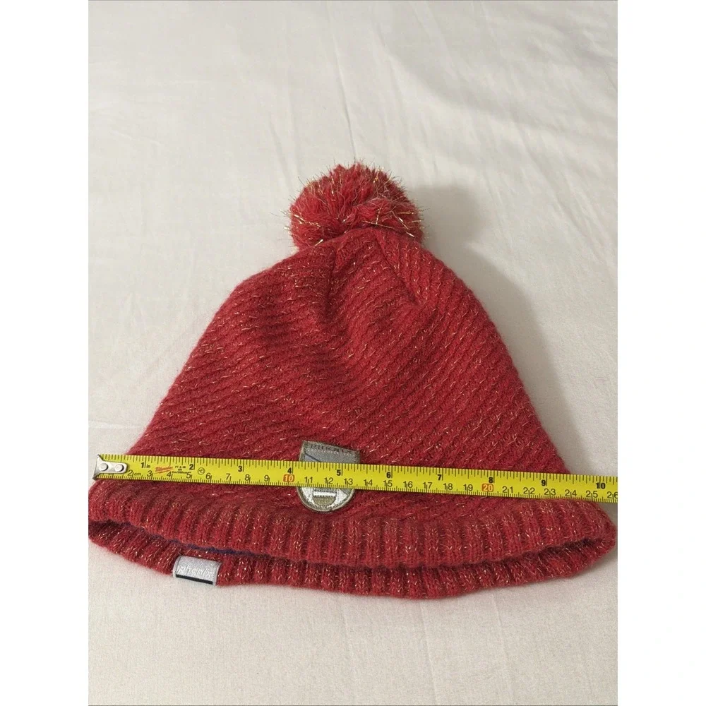PHENIX Hat Women's One size Red Knitted Logo Beanie Fleece Lining Wool Blend Fit